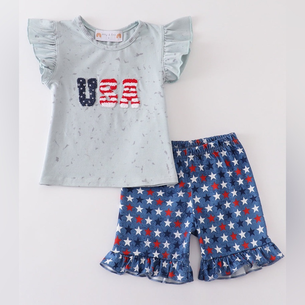 Girls 2T USA French Knot Boutique Outfit‎ Shorts Set Patriotic 4th of July
